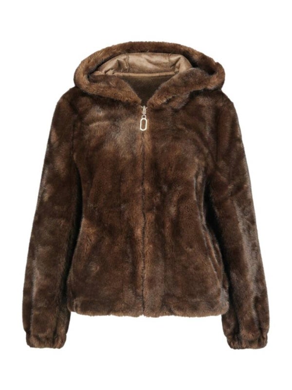 Mantel imitatiebont met kap donkerbruin