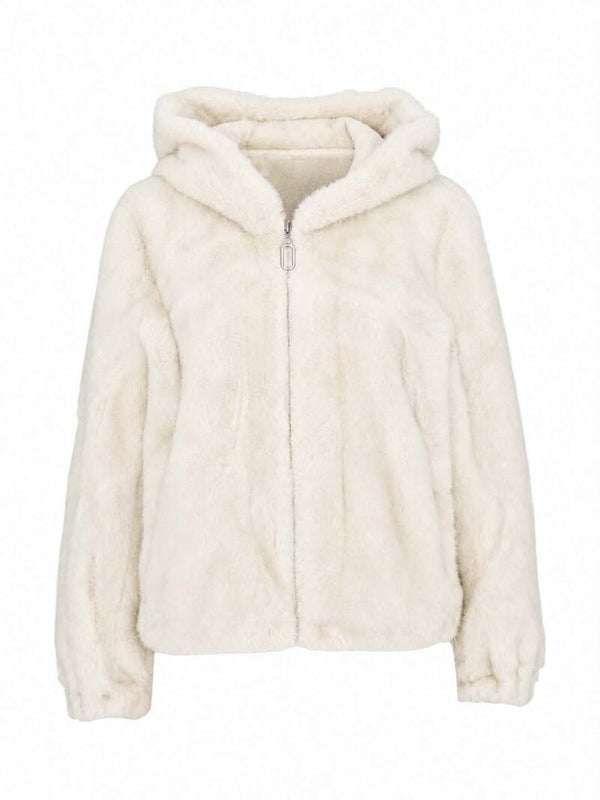 Mantel imitatiebont met kap offwhite