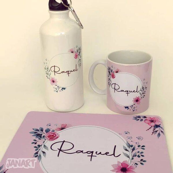 Set , Mok , Drinkfles en Mouse pad .