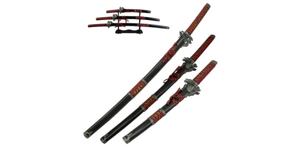 Set de 3 Katanas  Lanière Rouge et Garde Dragon -ZS-602