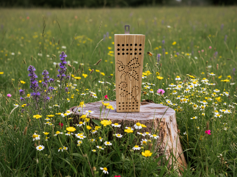 Wildbienen‑Nistblock aus Hartholz mit sauber gebohrten Gängen