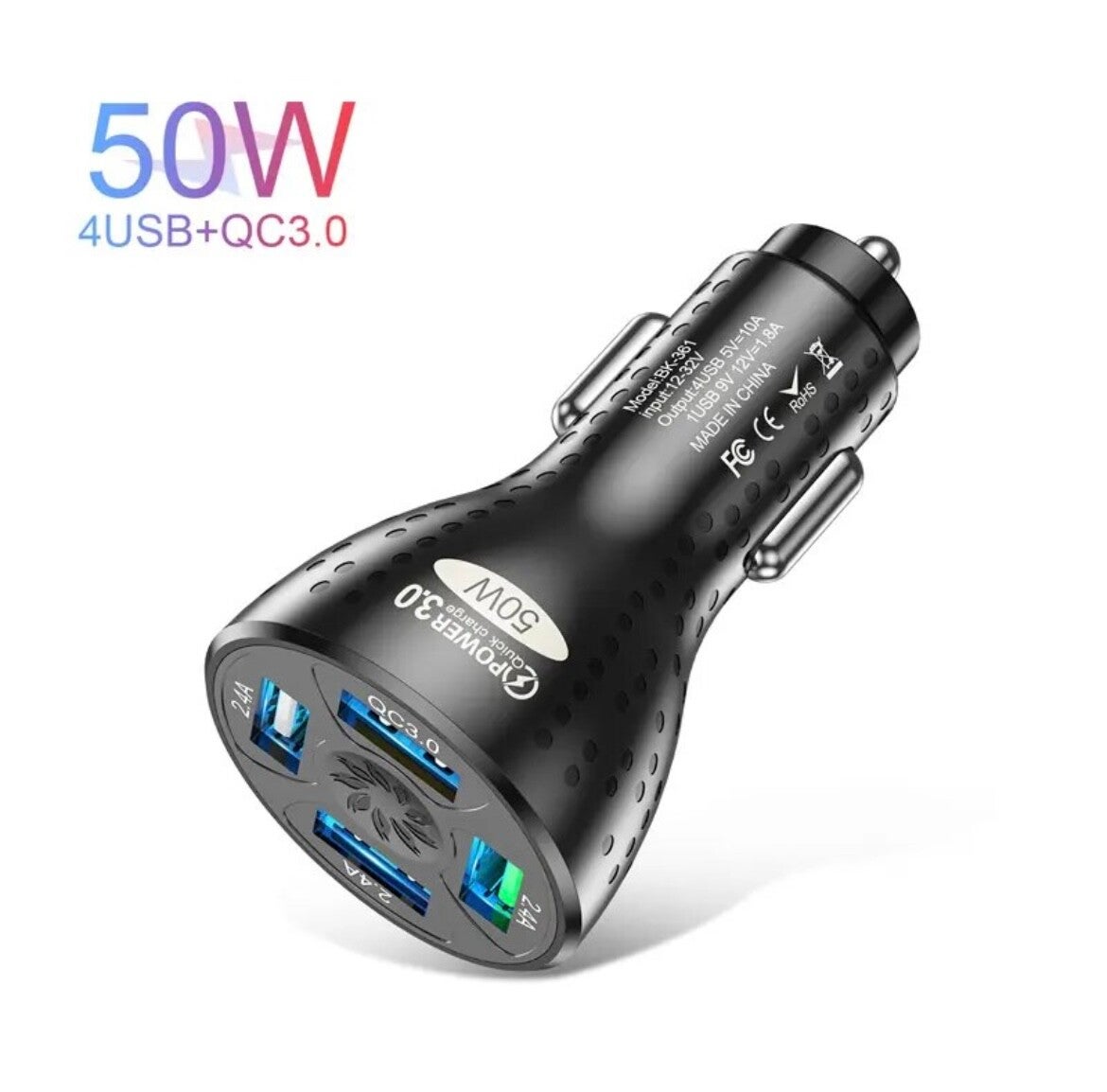 Lovebay 4 Poorten Usb Auto Opladen 50W - Snelle Mini Mobiele Telefoon Adapter - Snel Opladen / Zwart