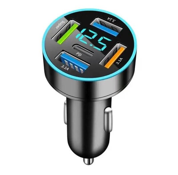 Pd 66W Autolader Qc3.0 - Snel Opladen - Één Tot Vier Plug 5 Poort Autolader Flitslading Met Digitaal Display