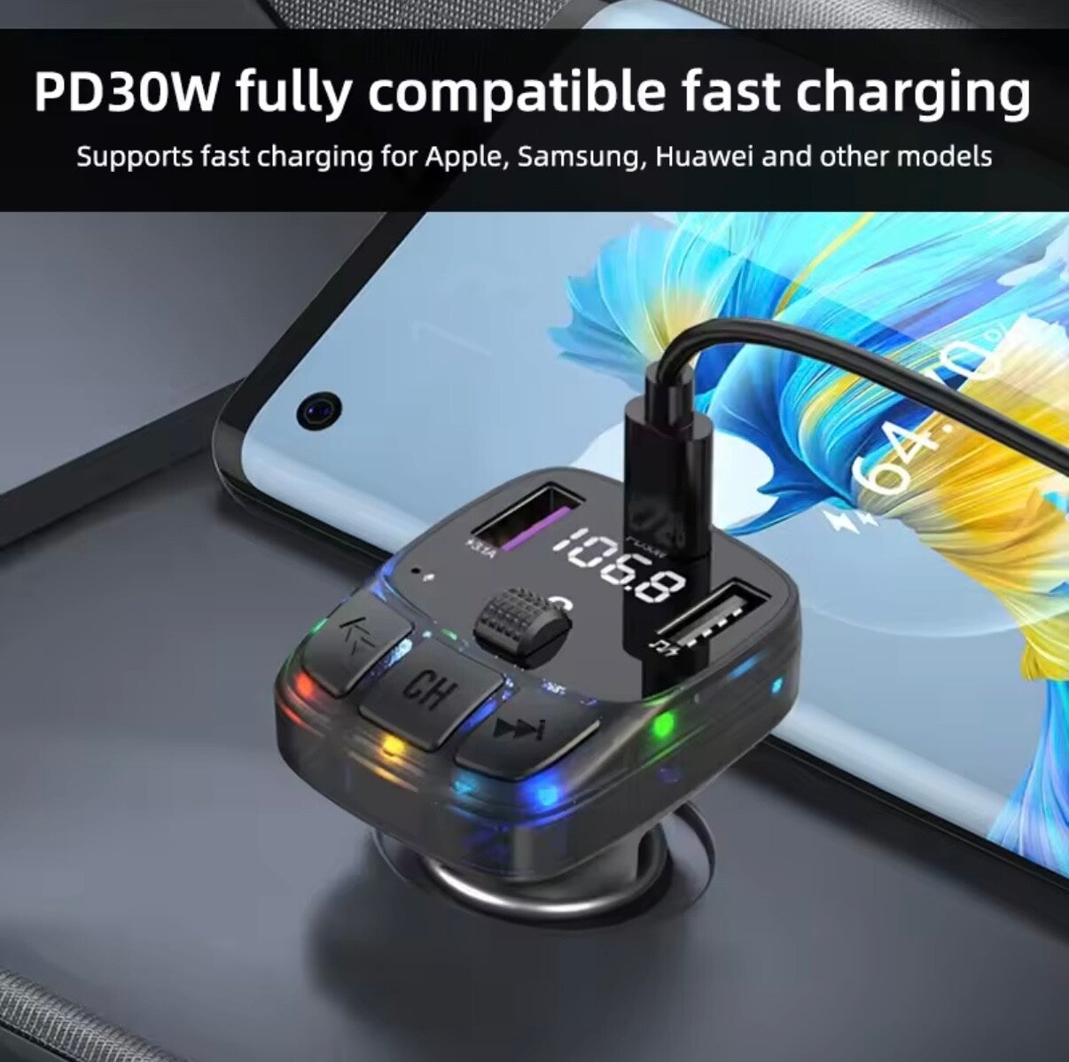 Drie-poorts autolader PD30W Dual USB snel lopladen - Handsfree - MP3-speler - Bluetooth FM-zender autoradioluidspreker Carkit