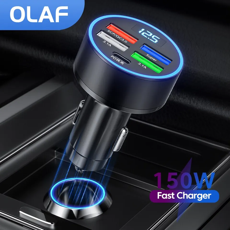 Olaf 5usb Pd 150W Autolader - Type C Snelle lader Mobiele Telefoon - Adapter Voor Iphone Samsung Huawei Xiaomi Qc 3.0