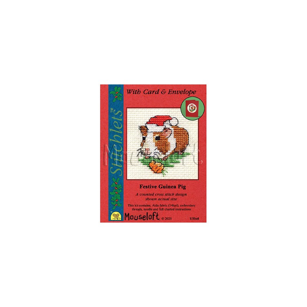 Borduurpakket Festive Guinea Pig - Mouseloft Christmas Card Stitchlets
