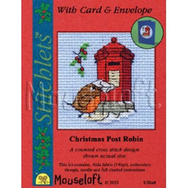 Borduurpakket Christmas Post Robin - Mouseloft Christmas Card Stitchlets