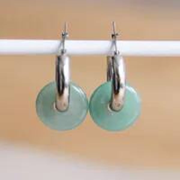RVS creolen met natuursteen - Jade/Zilver
