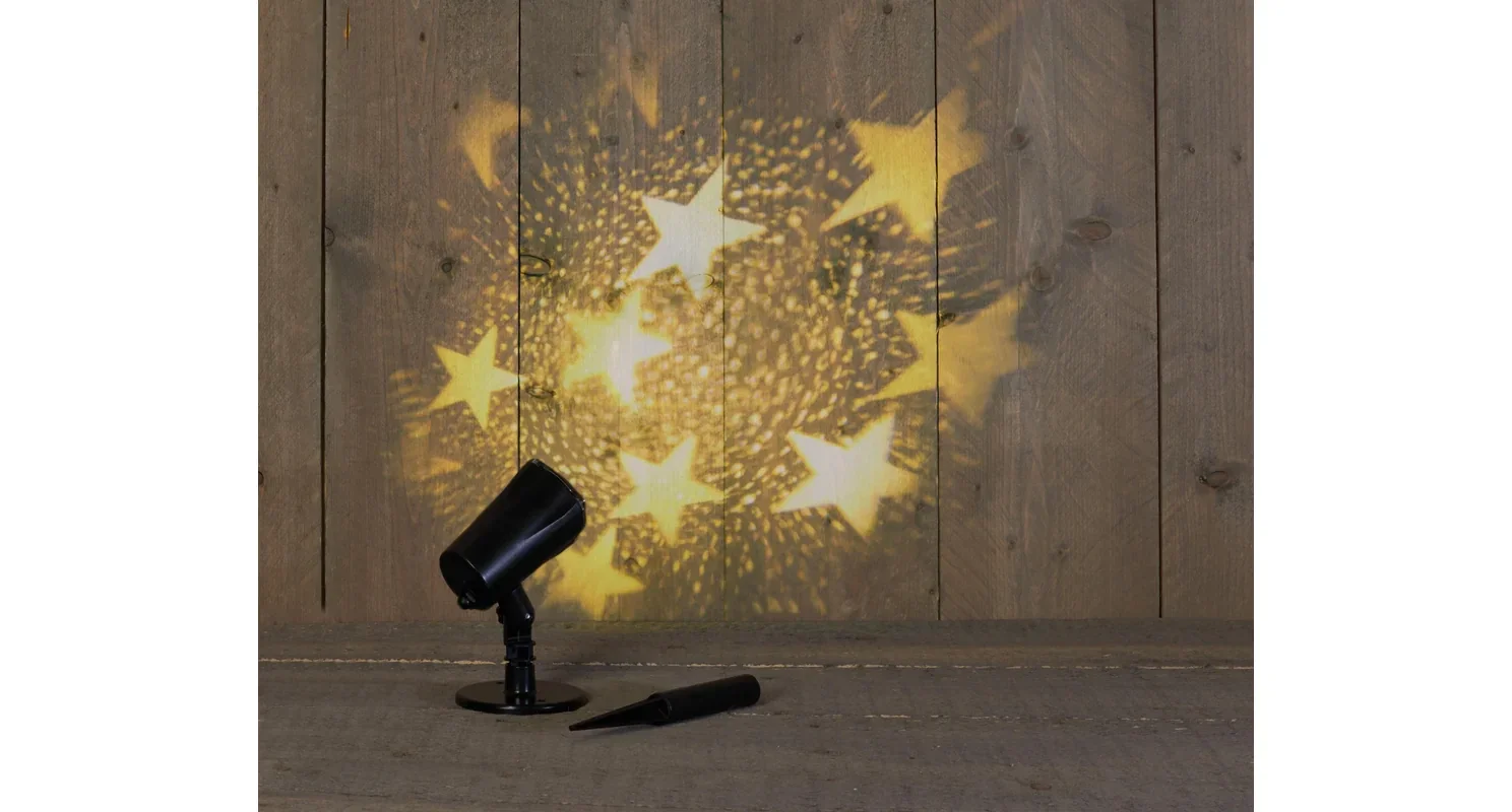 LED OUTDOOR PROJECTOR STER WARM WIT VOETJE EN STEKER / 8/16H TIMER IP44 / 5M AANLOOPSNO