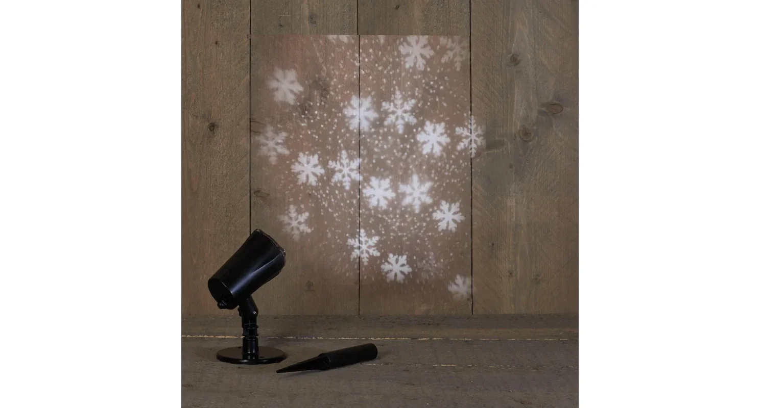 LED OUTDOOR PROJECTOR SNEEUWVLOK LED WIT MET VOETJE EN STEKER / 8/16H TIMER IP44 / 5M AANLOOPSNOER