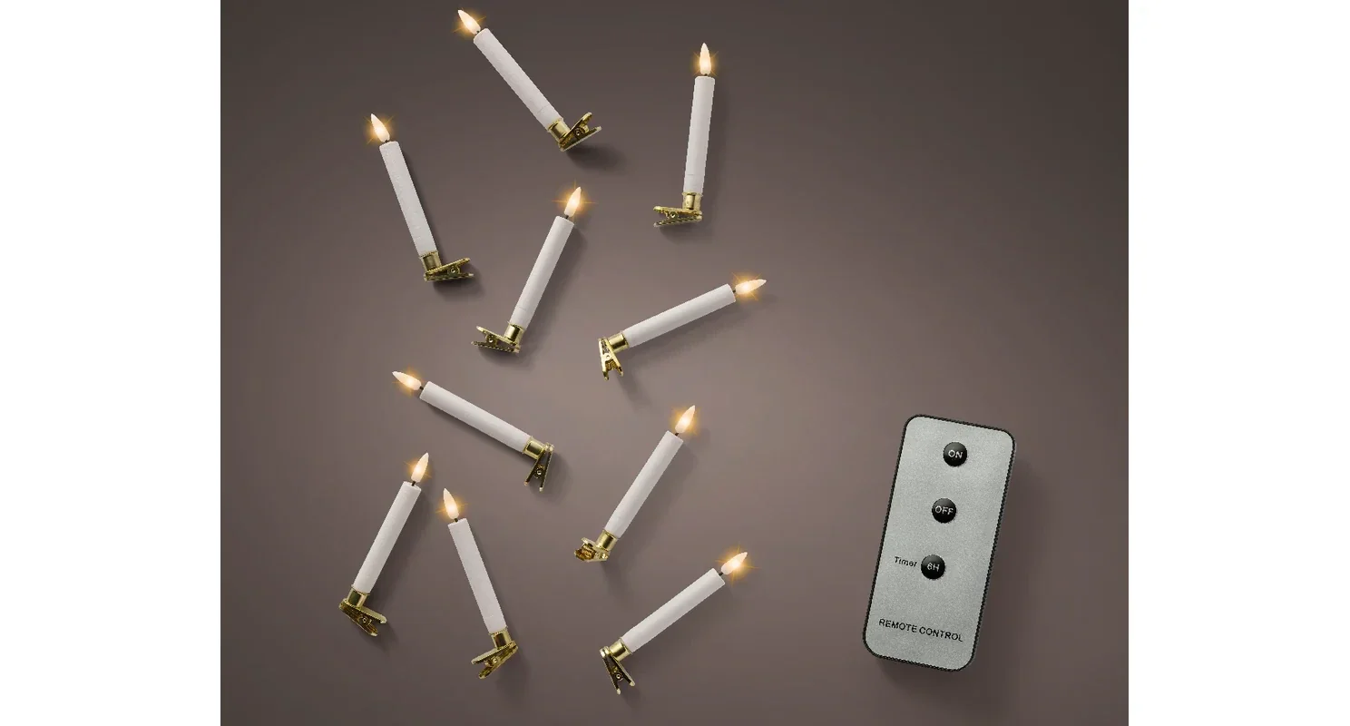 LED kerstboom kaarsjes knijper - 10 stuks - Wit en Goud