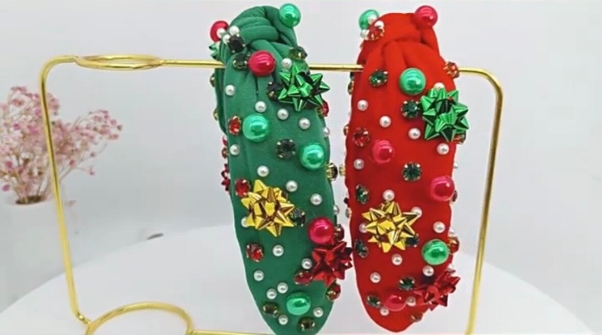 Haarband strik, strass & kralen - Rood en Groen