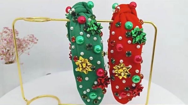 Haarband strik, strass & kralen - Rood en Groen