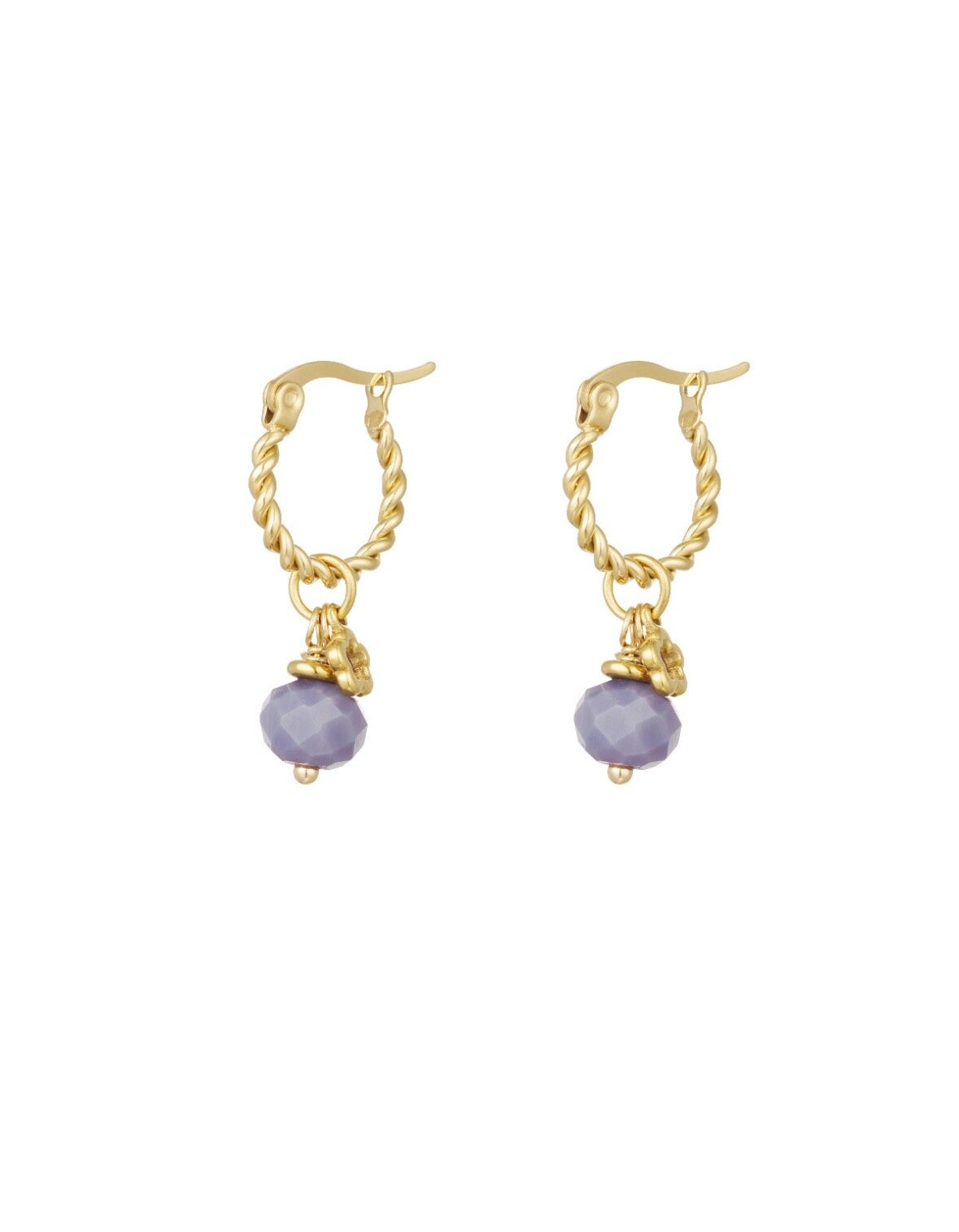 RVS oorbellen gedraaid paars steentje