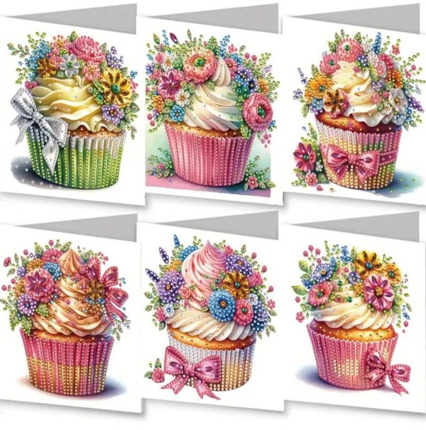 Kaart Cupcakes - Set van 6 kaarten incl. steentjes