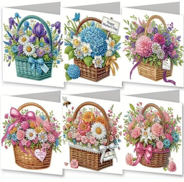 Kaart Mandje bloemen - Moederdag - Set van 6 kaarten incl. steentjes