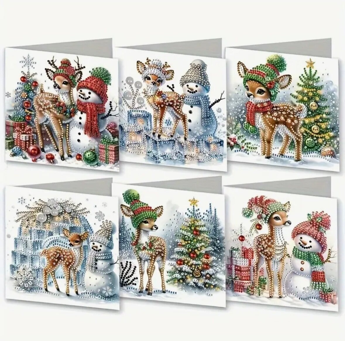 Kerstkaart Frosty & Bambi - Set van 6 kaarten incl. steentjes