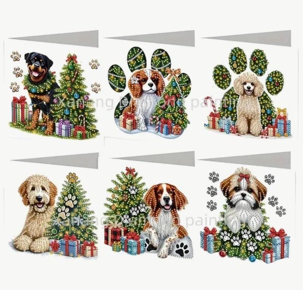 Kerstkaart Hondjes - Set van 6 kaarten incl. steentjes