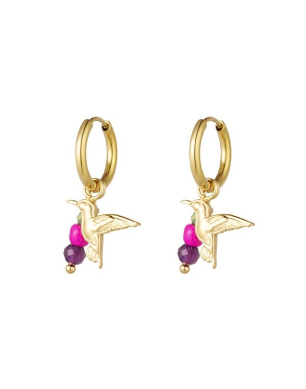 RVS oorbellen met kolibrie natuursteen