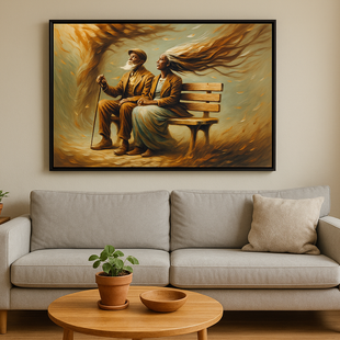 Schilderij van ouder stel op bankje in de wind – persoonlijke kunst op maat