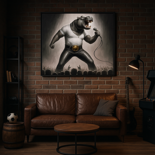 Rockende nijlpaard zanger in mancave – uniek schilderij op maat