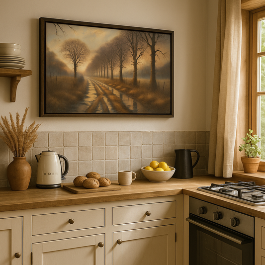 Warm landschap met bomen in modderig pad – schilderij op maat in landelijke keuken
