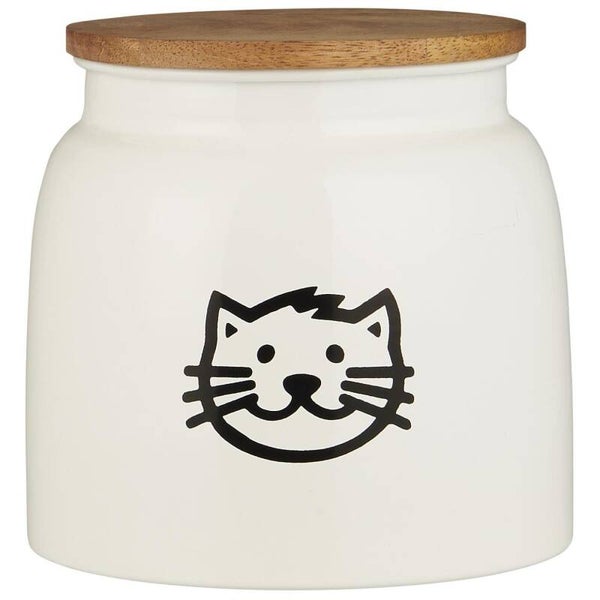 Ib-Laursen Canister for cat food white w/cat motif and wooden cover 2.2 ltr  04896-11