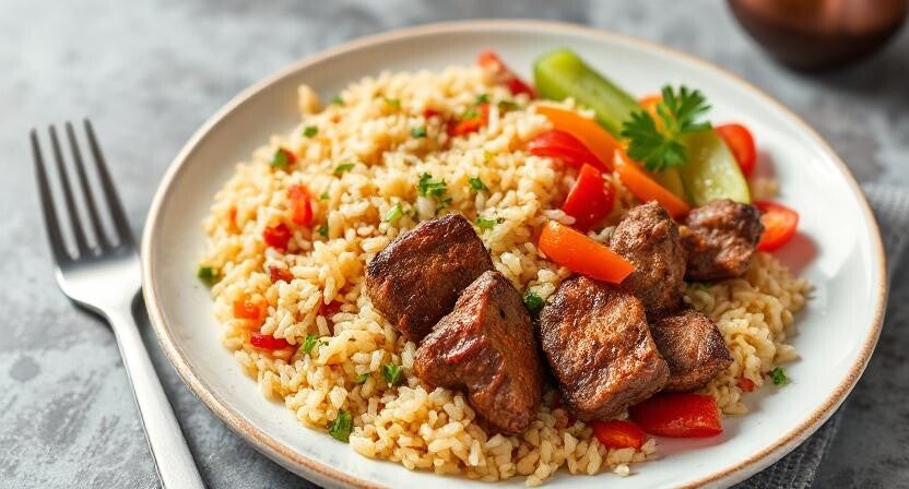 Ternera salteada con arroz integral y verduras