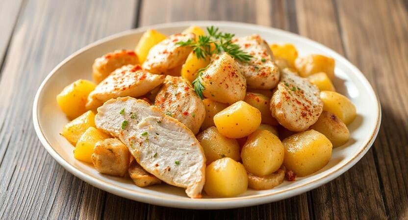 Pollo especiado con revuelto de patatas especiadas
