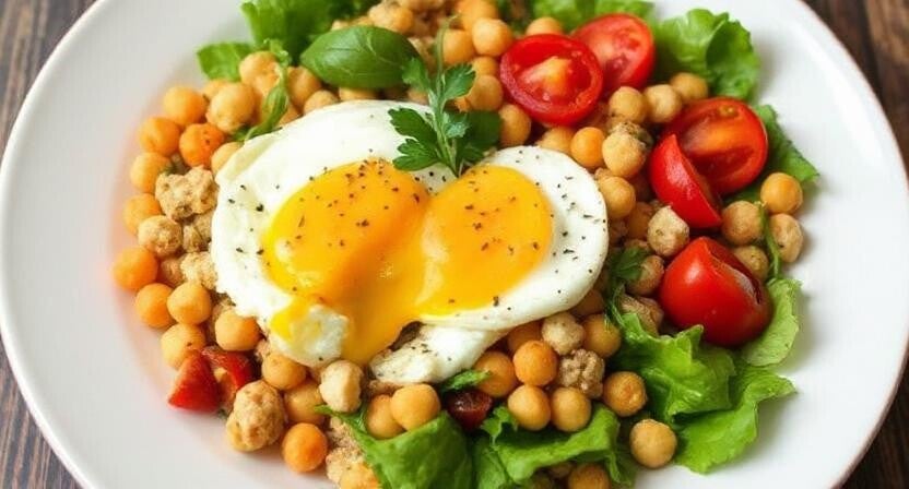 Ensalada tibia de pollo, garbanzos y huevo