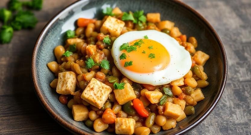 Lentejas salteadas con huevo y tofu