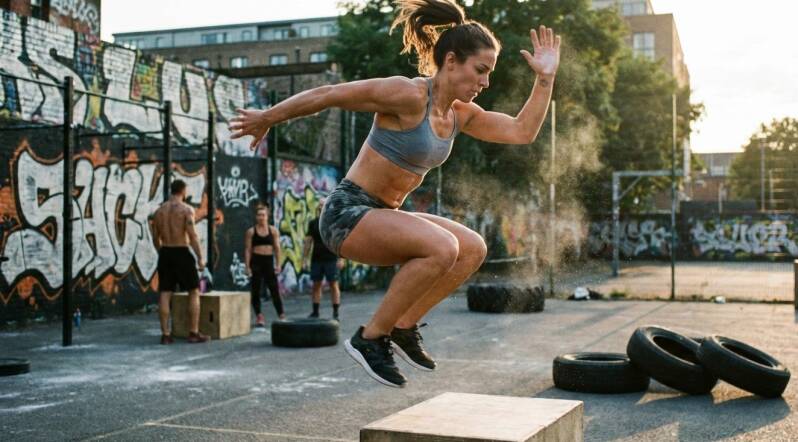 Mujer atlética realizando un salto explosivo al cajón en un entorno urbano, ejemplificando un ejercicio de fuerza reactiva y pliometría para mejorar la potencia.