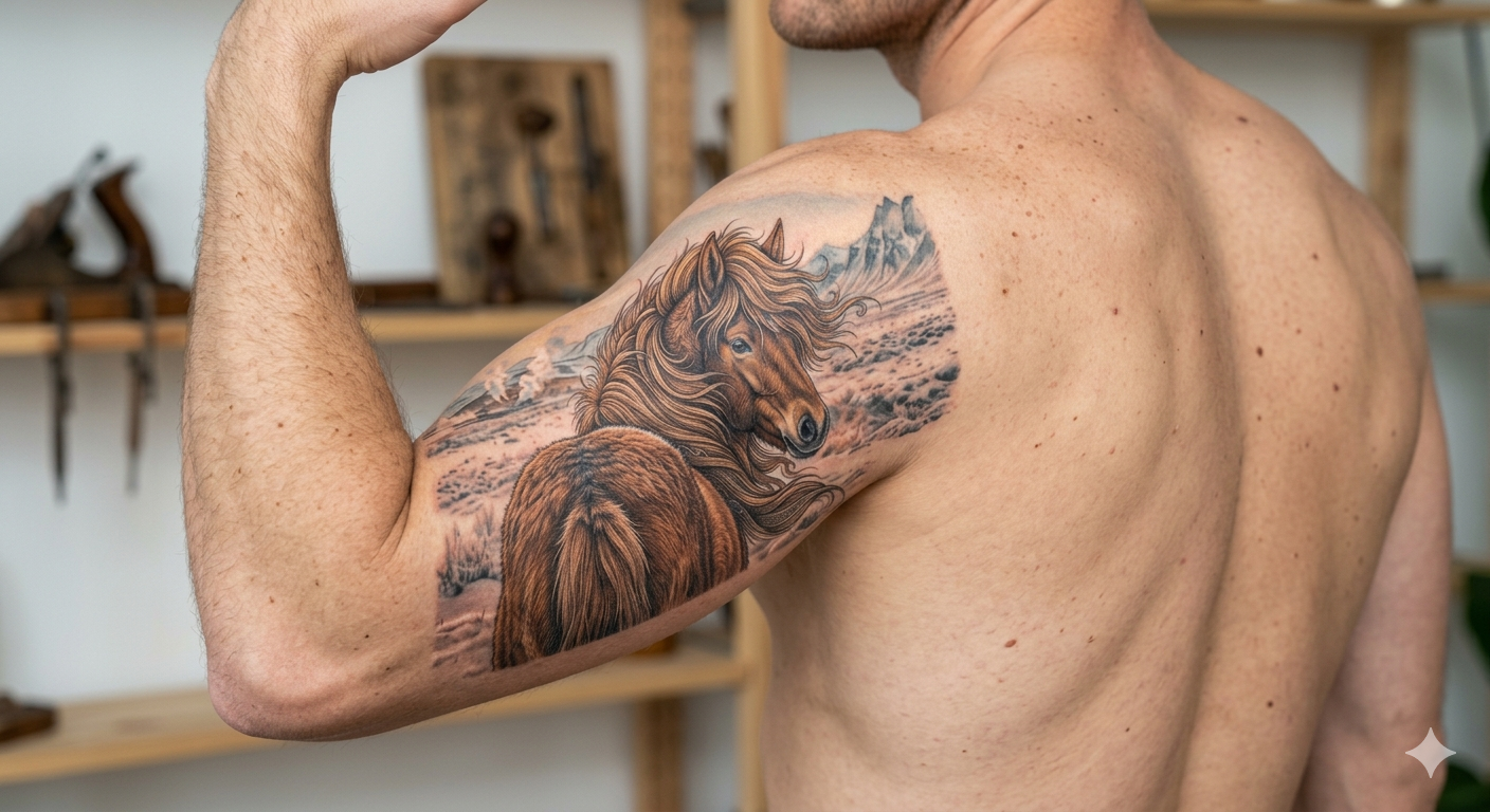 Ein Mann mit freiem Oberkörper präsentiert stolz sein Islandpferde-Tattoo am linken Oberarm. 