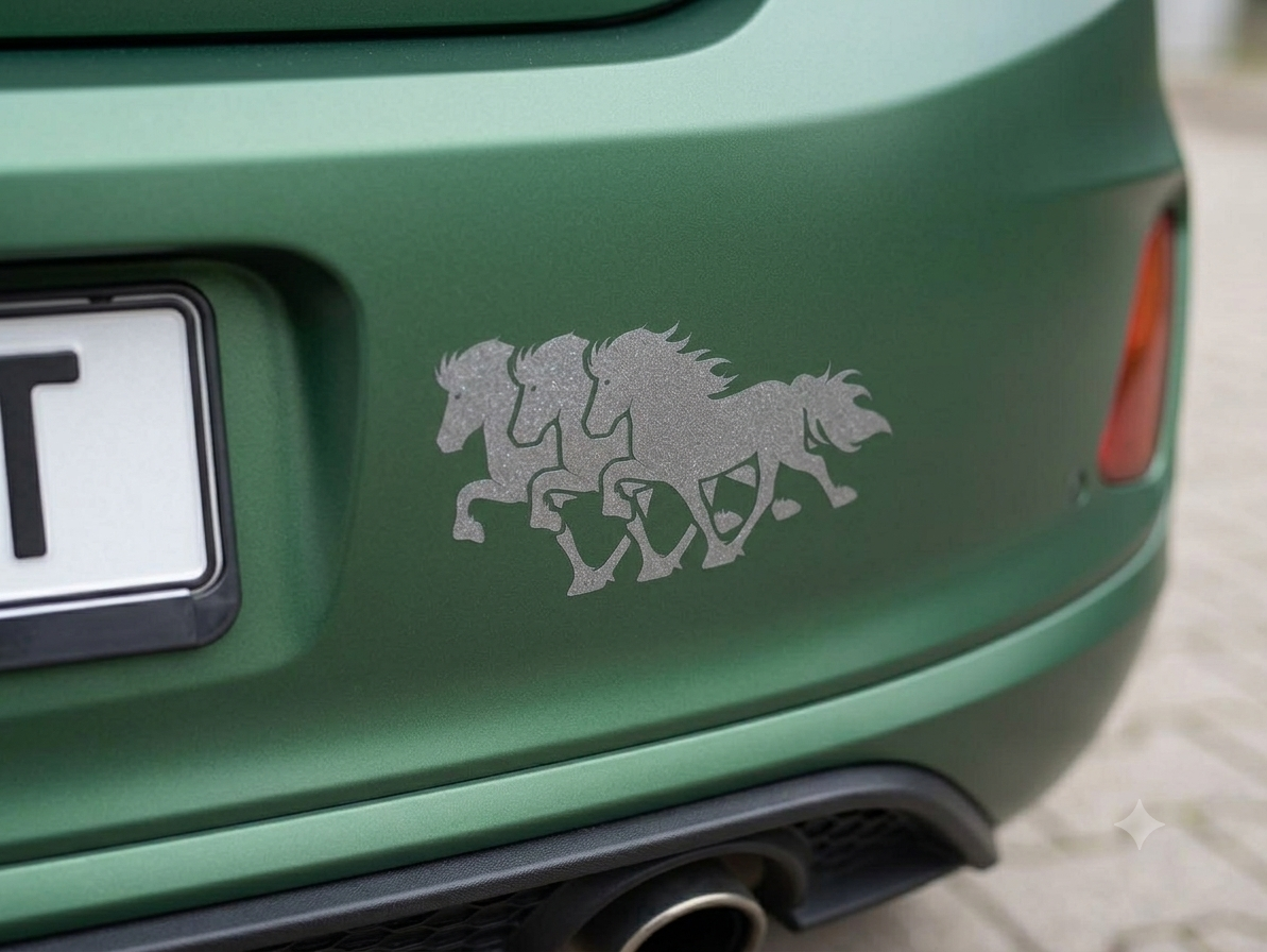 Die Heckansicht eines salbeigrünen KFZ mit einem Aufkleber in silber glitzernder Folie. Das Motiv ist die Silhouette eines Dreiertölters, drei Islandpferde laufen leicht versetzt nebeneinander. 