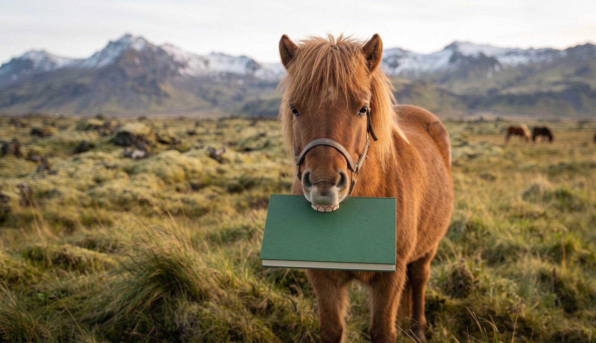 Ein fuchsfarbenes Islandpferd, das ein grünes Buch zwischen den Zähnen trägt. 