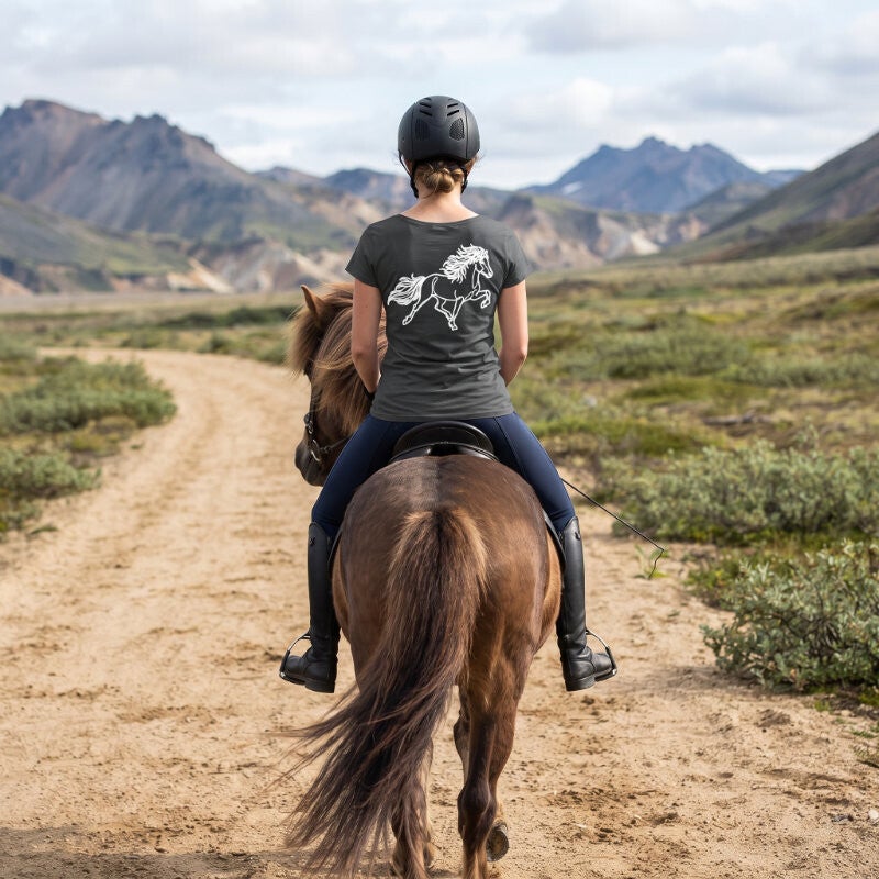 Ein Reiter auf einem schwarzen islandpferd in einer deutschen Landschaft, Wiese und Wald im Hintergrund. Er trägt ein schwarzes T-Shirt  mit einem Tölter-Motiv.