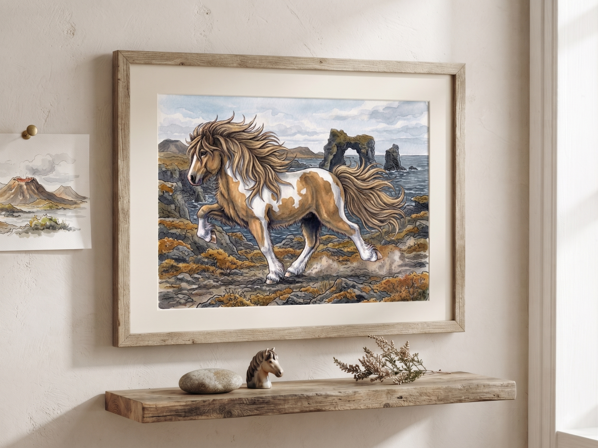 Ein gerahmtes Poster mit einer Illustration eines Islandpferdes im Aquarell-Cartoon-Sitl. Das Pferd töltet an der Küste entlang. Der Rahmen ist aus hellem Holz. Darunter befindet sich ein Regalbrett schwebend an der Wand befestigt. mit Dekoobjekten.