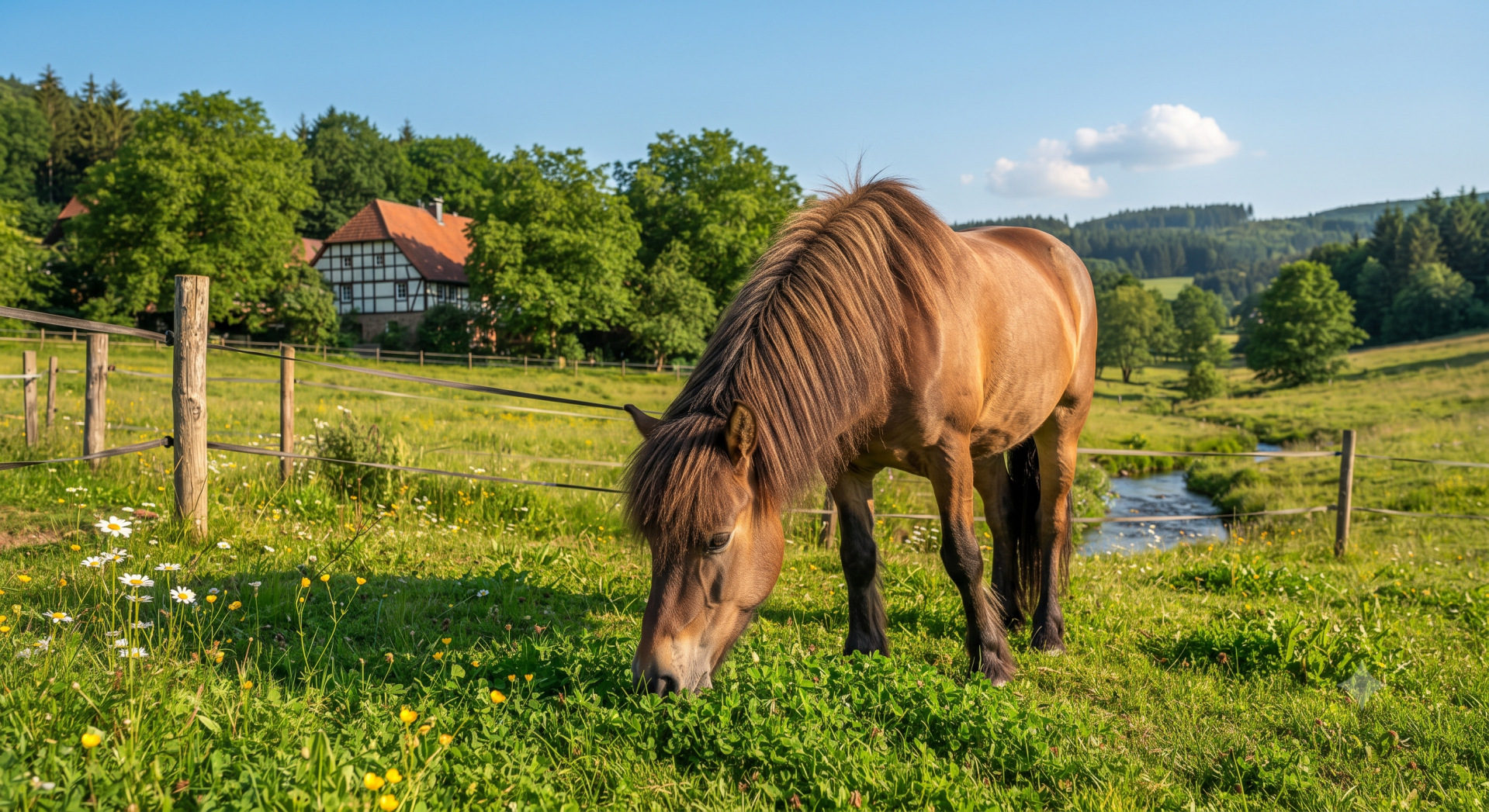 Ein braunes Islandpferd auf der Weide an einem Bach. Im HIntergrund ein Fachwerkhaus. 