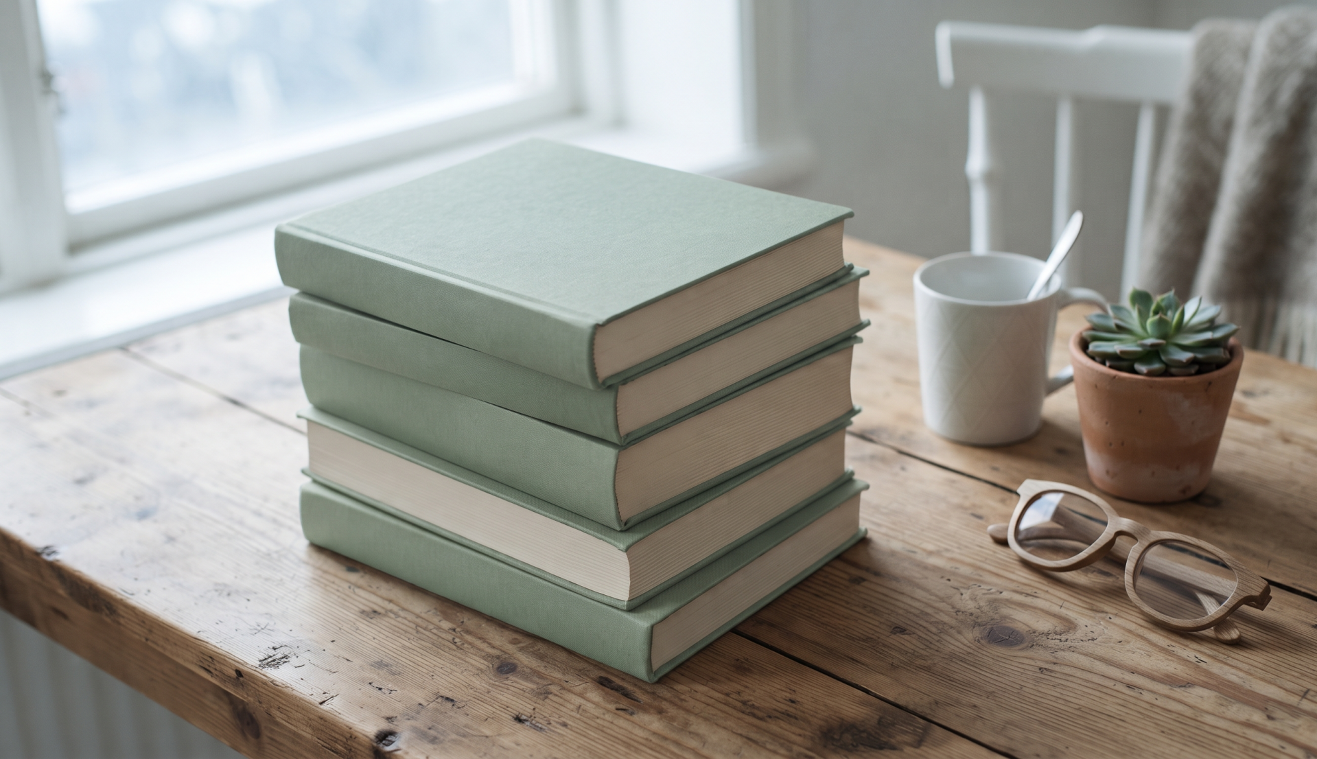 Bücherstapel als optischer Platzhalter für die Fachbücher. Kaffeebecher mit Löffel, Sukkulentenpflanze im Töpf und Brille befinden sich auf einem Holztisch