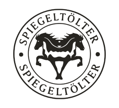 Spiegeltölter-Praxislogo - zwei gespiegelte Tölterschecken mit Schrift "Spiegeltölter" umlaufend.