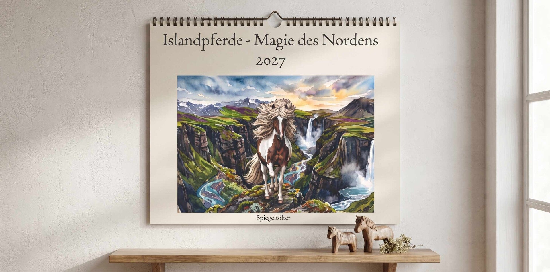 Der Kalender "Islandpferde - Magie des Nordens 2027" hängt an der Wand. Darunter befindet sich ein Bord mit hölzernen Pferdchen in unterschiedlicher Größe.