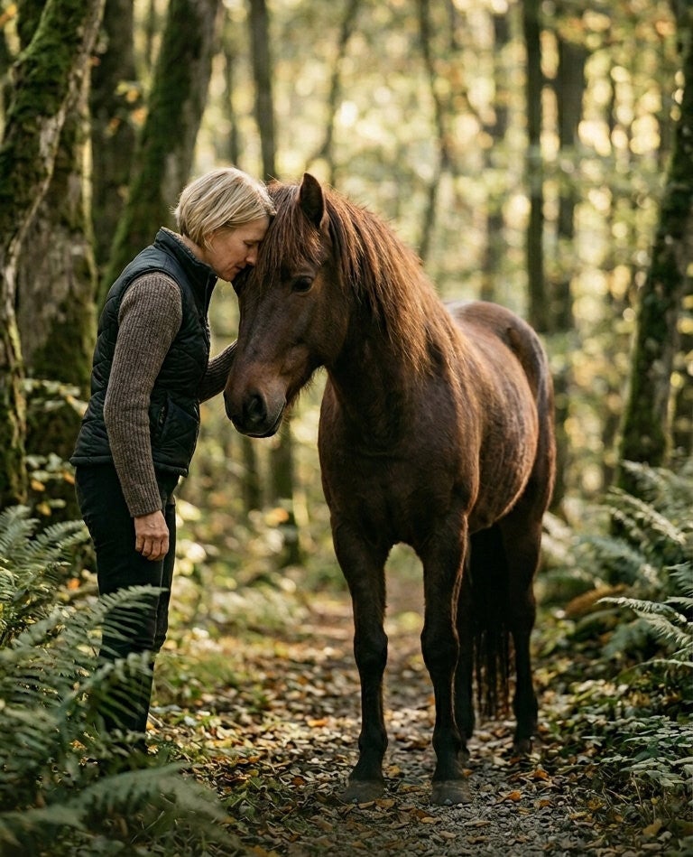 Eine blonde Frau legt teilnehmend ihre Stirn an die Stirn ihres braunen Islandfpferdes. Beide stehen im Wald. 