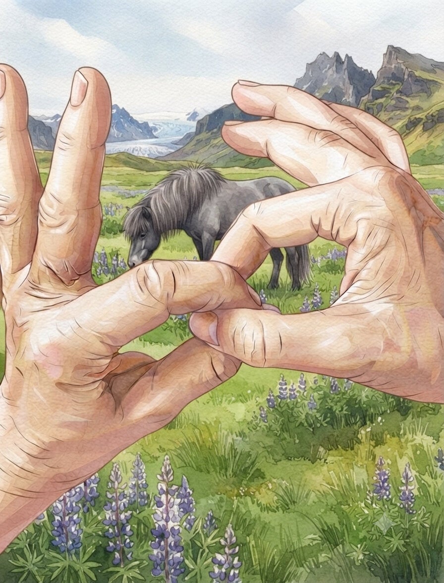 Aquarell eines Anwendungsbeispieles des kinesiologischen O-Ring-Testes. Im Hintergrund eine isländische Landschaft mit einem grauen Islandpferd. 