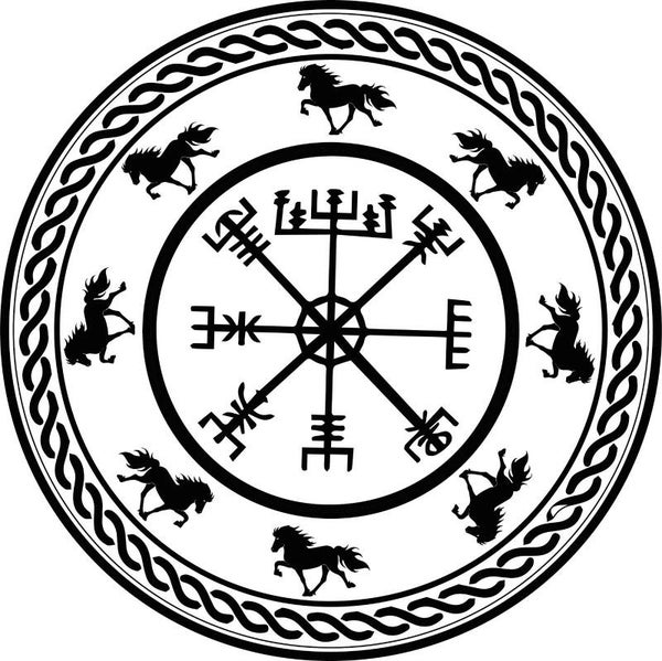 Aufkleber – Vegvísir-Runenkreis mit umlaufenden Töltern