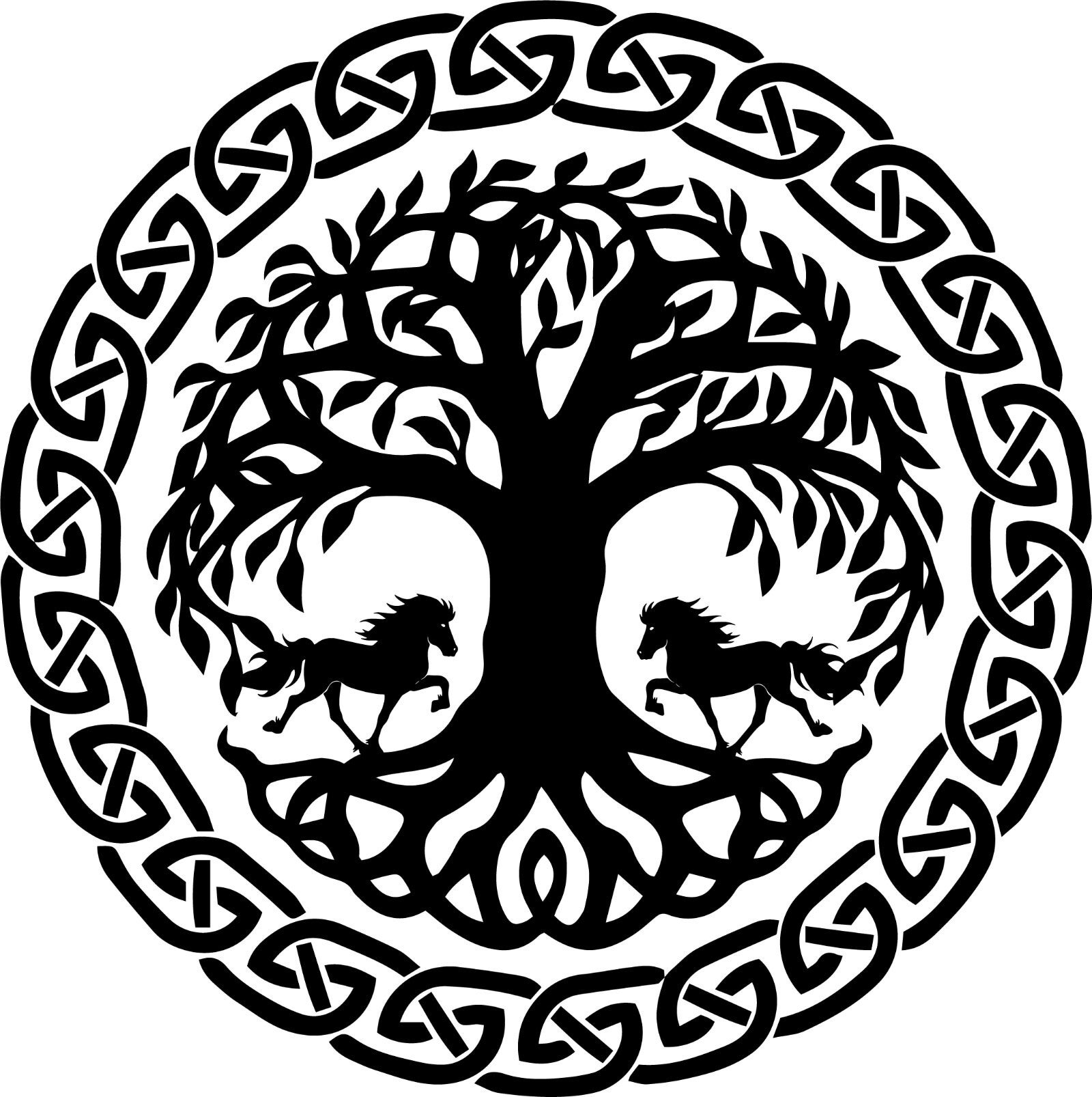 Aufkleber – Yggdrasil mit Islandpferden (Lebensbaum im Runenkreis)