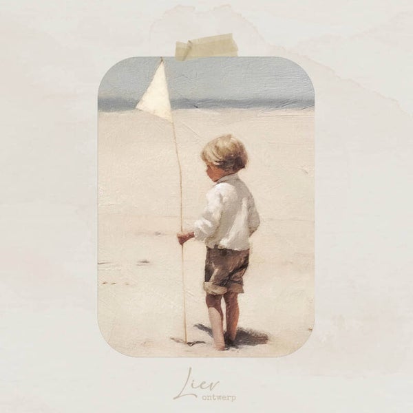 Aquarel jongetje met vlag op het strand