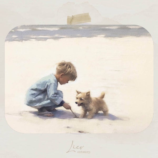 Aquarel jongetje met hond aan zee