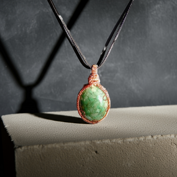 Green Adventurine Wire-Wrapped Oval Pendant