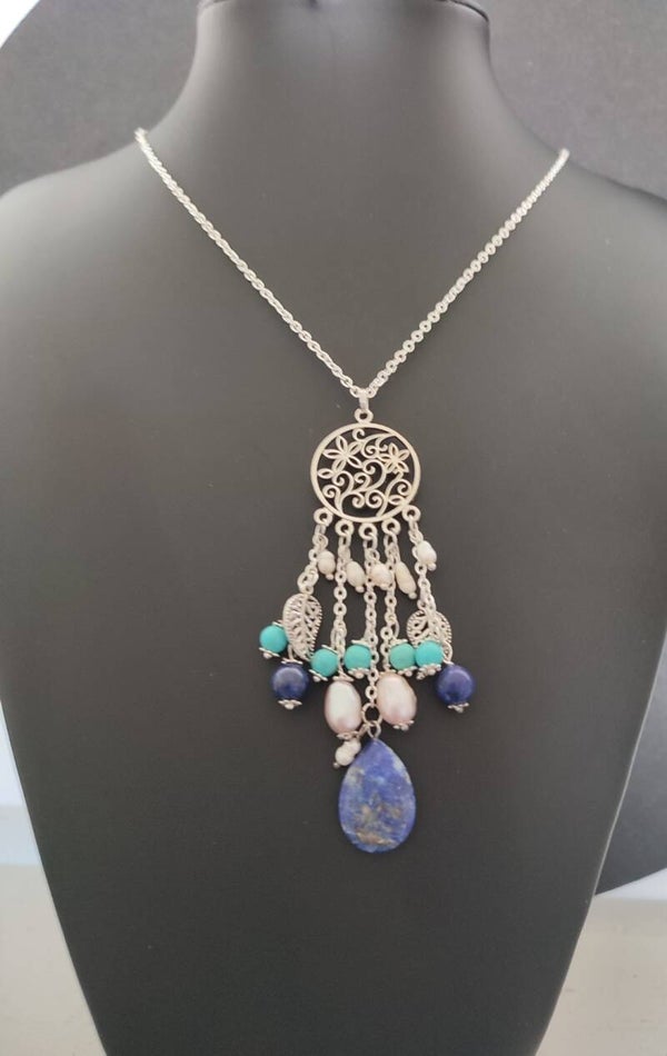 Freshwater Pearl, Turquoise & Lapis Lazuli Boho Necklace
