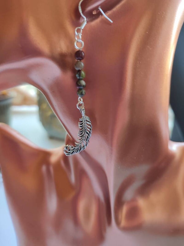 Moss Agate Feather Earrings